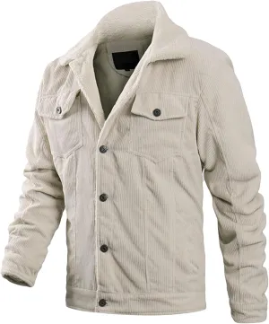 Maiyifu-GJ Men Sherpa Fleece Lined Denim Jacket Corduroy Lapel Slim Fit Trucker Jacket Vintage Button-Front Windbreaker Coats