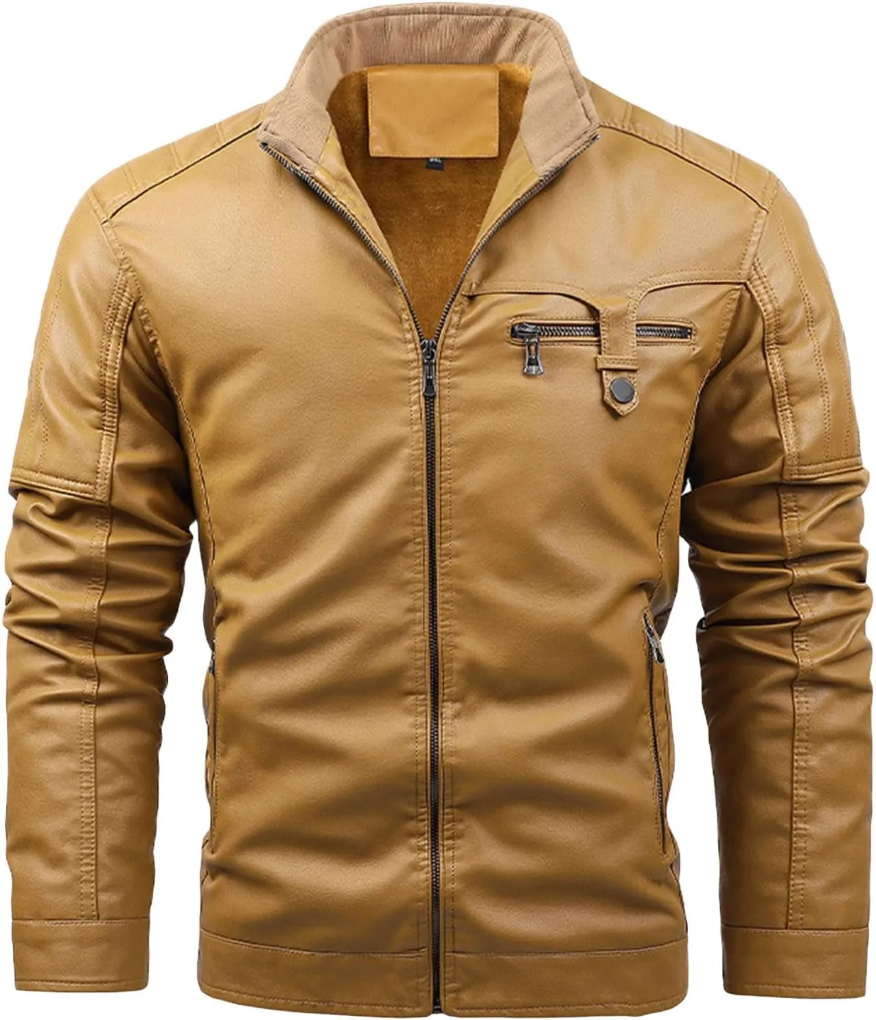 Maiyifu-GJ Men Vintage Stand Collar Leather Jacket Faux Leather Fleece Lined Motorcycle Jacket Lightweight PU Zip Up Outwear