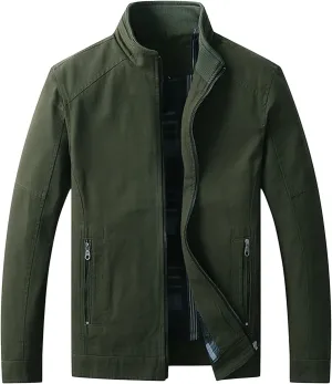 Maiyifu-GJ Men's Casual Cotton Lightweight Jacket Washed Stand Collar Windbreaker Zip Front Outdoor Military Jacket