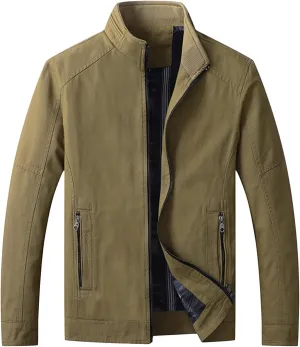 Maiyifu-GJ Men's Casual Cotton Lightweight Jacket Washed Stand Collar Windbreaker Zip Front Outdoor Military Jacket
