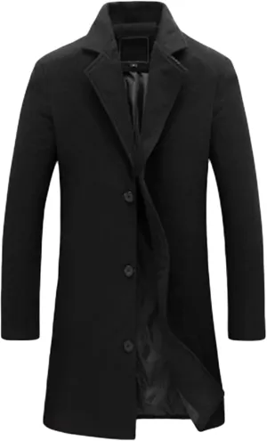 Maiyifu-GJ Men's Casual Mid-Length Trench Coat Single Breasted Business Pea Coats Winter Notched Lapel Windbreaker Jacket