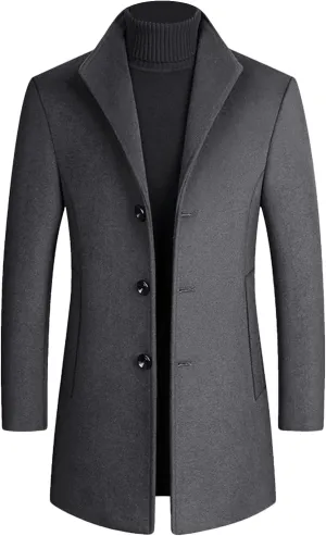 Maiyifu-GJ Men's Casual Mid-Length Trench Coat Single Breasted Slim Fit Business Pea Coats Winter Lapel Windbreaker Jacket