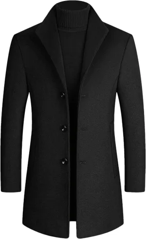 Maiyifu-GJ Men's Casual Mid-Length Trench Coat Single Breasted Slim Fit Business Pea Coats Winter Lapel Windbreaker Jacket