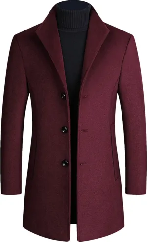 Maiyifu-GJ Men's Casual Mid-Length Trench Coat Single Breasted Slim Fit Business Pea Coats Winter Lapel Windbreaker Jacket
