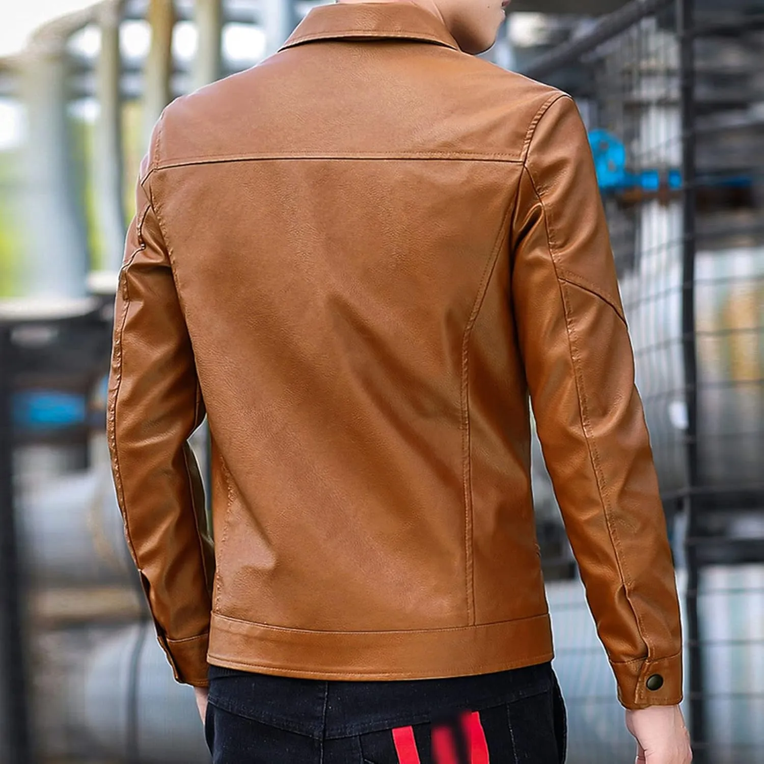 Maiyifu-GJ Men's Lapel Faux Leather Jacket Casual Slim Fit Motorcycle Jackets Lightweight Vintage Pu Outwear Coat