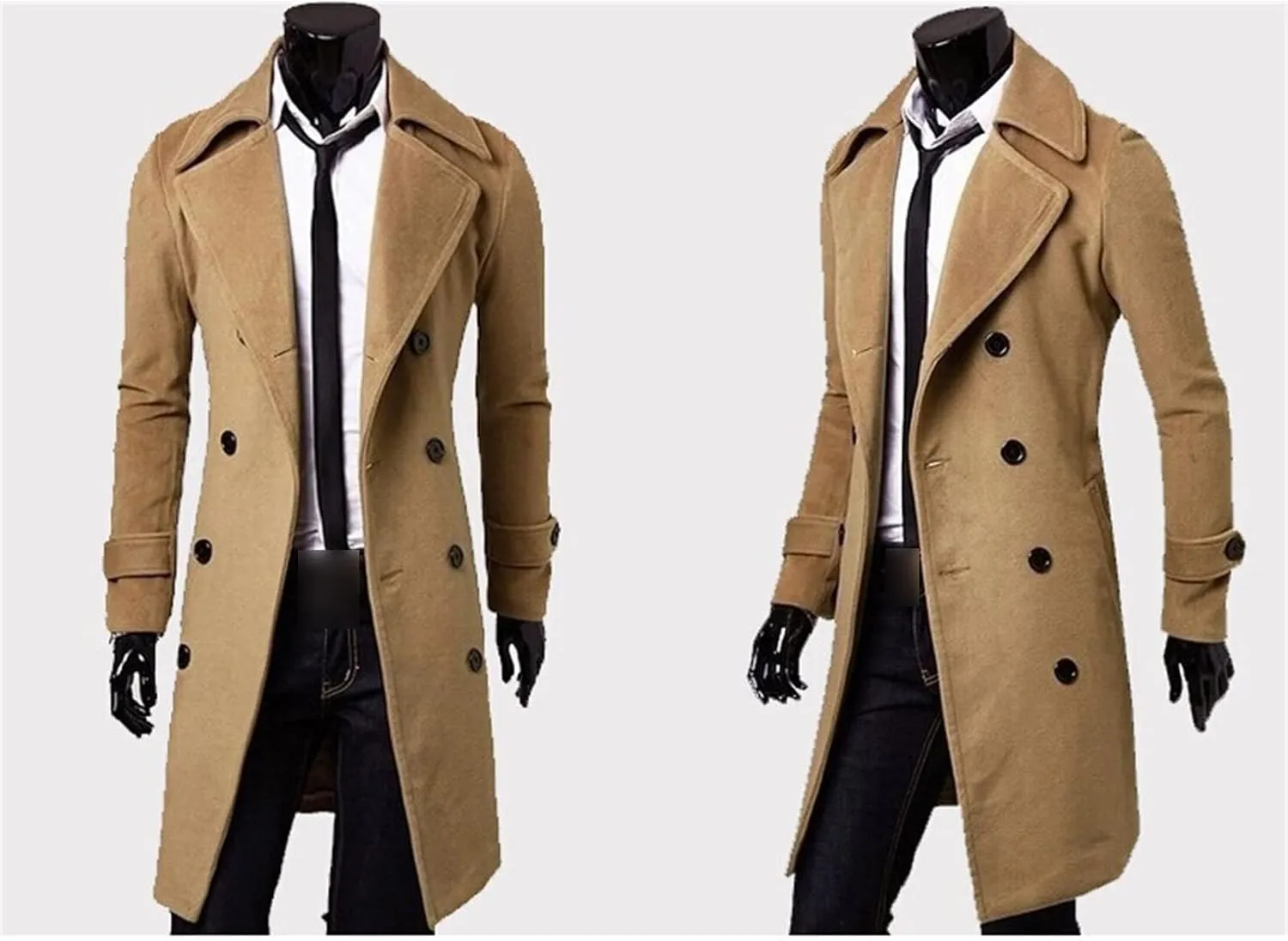 Maiyifu-GJ Men's Long Wool Blend Trench Coat Notch Lapel Double Breasted Overcoat Winter Casual Slim Fit Windbreaker Jacket
