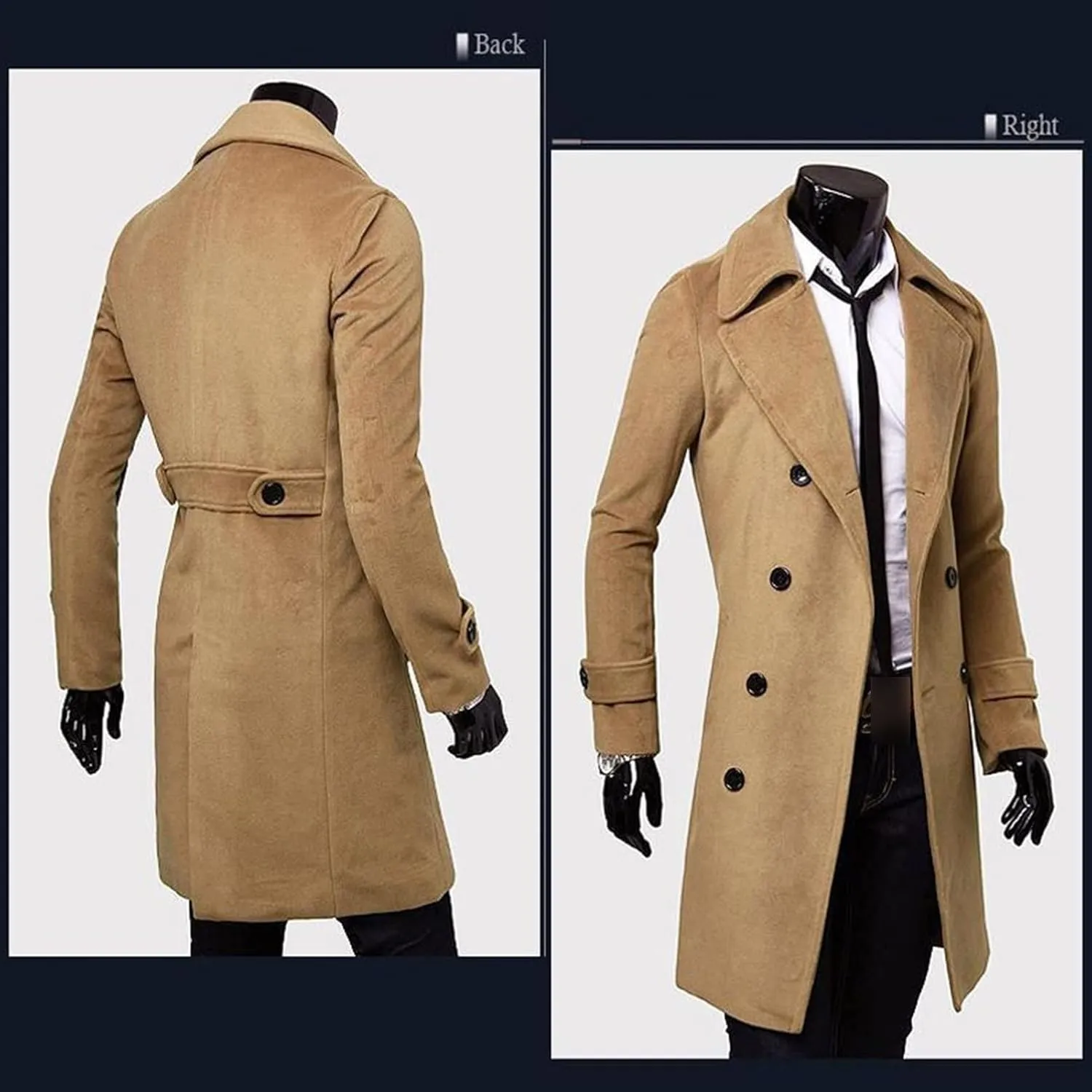 Maiyifu-GJ Men's Long Wool Blend Trench Coat Notch Lapel Double Breasted Overcoat Winter Casual Slim Fit Windbreaker Jacket