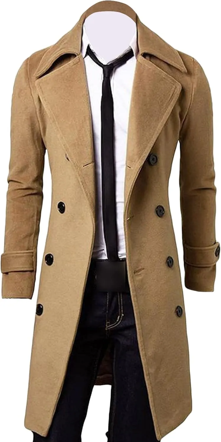Maiyifu-GJ Men's Long Wool Blend Trench Coat Notch Lapel Double Breasted Overcoat Winter Casual Slim Fit Windbreaker Jacket