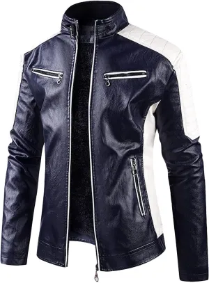 Maiyifu-GJ Mens Motorcycle Vintage PU Stand Collar Coat Fleece Lined Faux Leather Jacket Zip Up Slim Fit Biker Jacket Outwear
