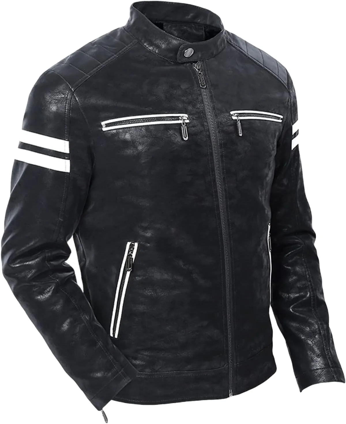 Maiyifu-GJ Men's Stand Collar Faux Leather Jacket Casual Slim Fit Motorcycle Jackets Lightweight Bomber Outwear Coat