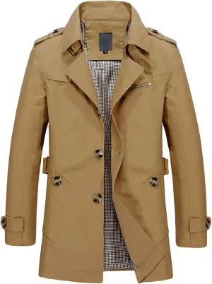 Maiyifu-GJ Men's Trench Coat Single Breasted Slim fit Notch Lapel Long Jacket Casual Button Down Windproof Overcoat