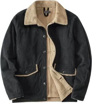 Maiyifu-GJ Men's Vintage Button-Front Jacket Corduroy Slim Fit Casual Fleece Trucker Jackets Lapel Sherpa Lined Warm Coat