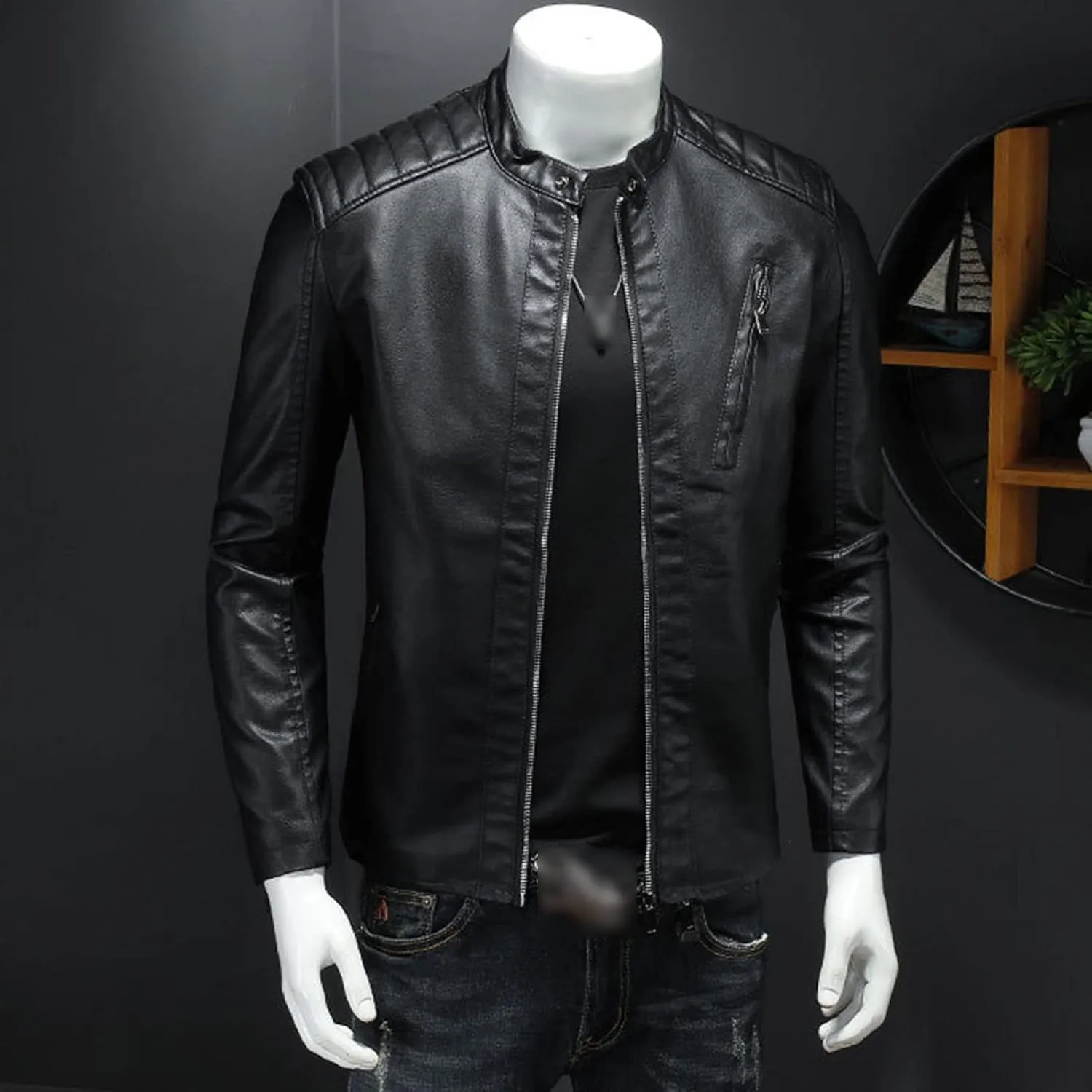 Maiyifu-GJ Men's Vintage Faux Leather Jacket PU Zip Up Stand Collar Bomber Coat Retro Warm Slim Fit Jackets Windbreaker