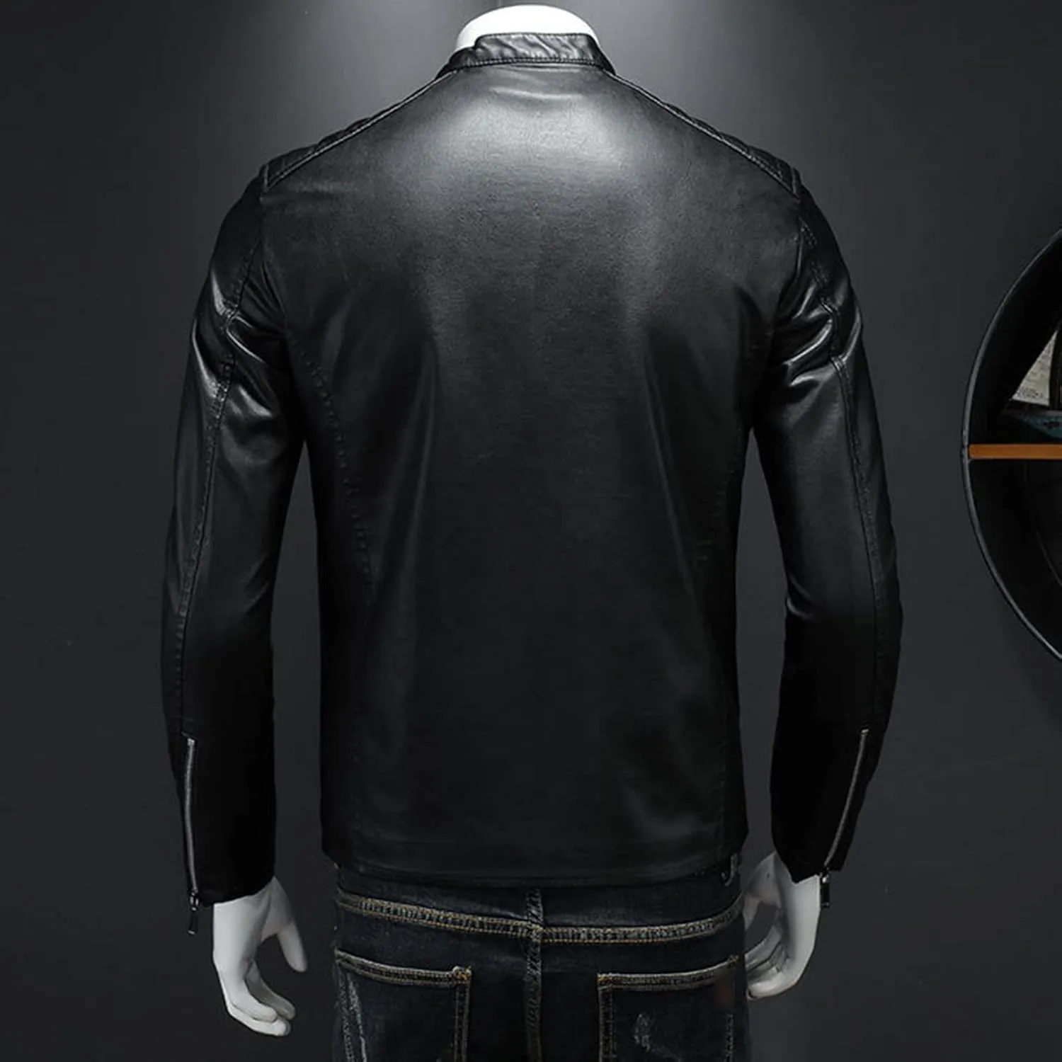 Maiyifu-GJ Men's Vintage Faux Leather Jacket PU Zip Up Stand Collar Bomber Coat Retro Warm Slim Fit Jackets Windbreaker