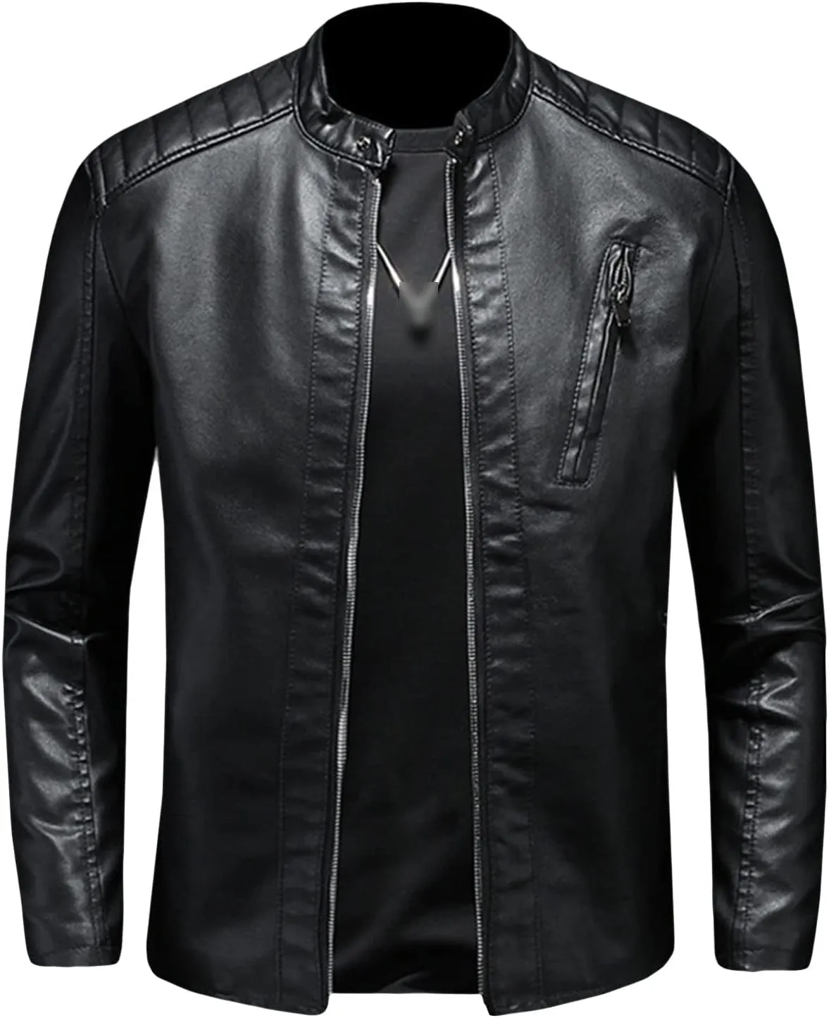 Maiyifu-GJ Men's Vintage Faux Leather Jacket PU Zip Up Stand Collar Bomber Coat Retro Warm Slim Fit Jackets Windbreaker