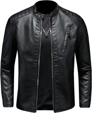 Maiyifu-GJ Men's Vintage Faux Leather Jacket PU Zip Up Stand Collar Bomber Coat Retro Warm Slim Fit Jackets Windbreaker