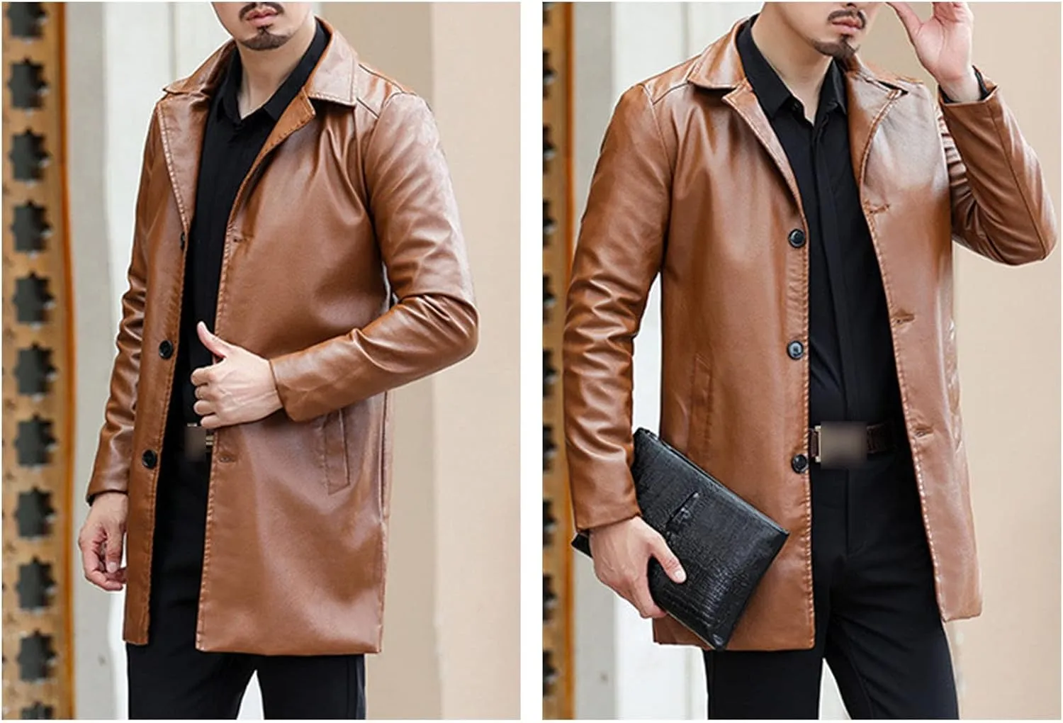 Maiyifu-GJ Men's Vintage Faux Leather Long Coat Retro Notch Lapel PU Trench Coat Casual Fleece Gothic Jacket Overcoat