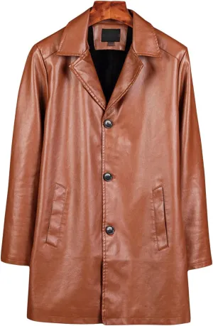 Maiyifu-GJ Men's Vintage Faux Leather Long Coat Retro Notch Lapel PU Trench Coat Casual Fleece Gothic Jacket Overcoat