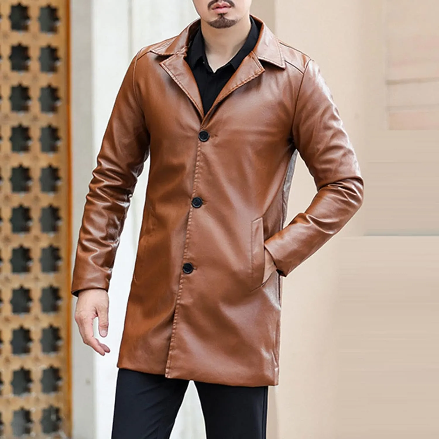 Maiyifu-GJ Men's Vintage Faux Leather Long Coat Retro Notch Lapel PU Trench Coat Casual Fleece Gothic Jacket Overcoat