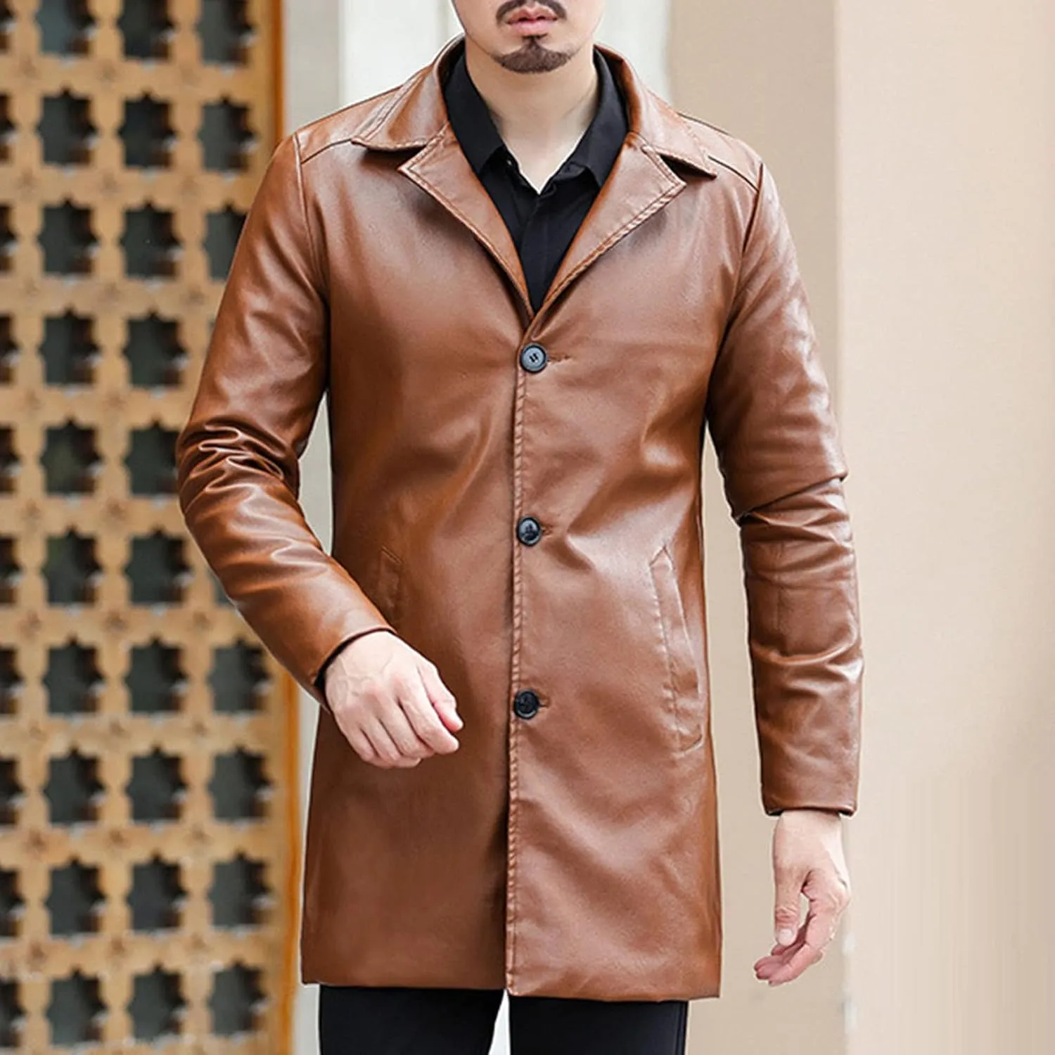 Maiyifu-GJ Men's Vintage Faux Leather Long Coat Retro Notch Lapel PU Trench Coat Casual Fleece Gothic Jacket Overcoat