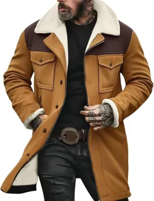 Maiyifu-GJ Mens Vintage Suede Outdoor Jacket Multi Pocket Reversed Collar Coat Lamb Fleece Windbreaker Coat Retro Top