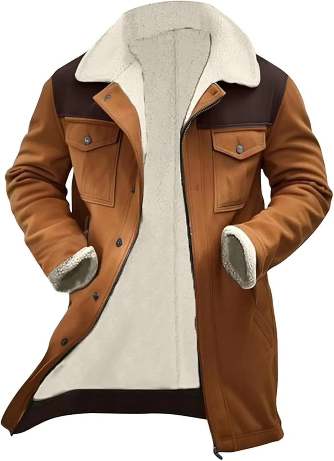 Maiyifu-GJ Mens Vintage Suede Outdoor Jacket Multi Pocket Reversed Collar Coat Lamb Fleece Windbreaker Coat Retro Top
