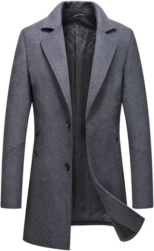Maiyifu-GJ Men's Wool Blend Trench Coat Mid-Length Single Breasted Business Jacket Notched Lapel Soft Top Pea Coats Overcoat