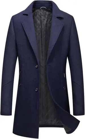 Maiyifu-GJ Men's Wool Blend Trench Coat Mid-Length Single Breasted Business Jacket Notched Lapel Soft Top Pea Coats Overcoat
