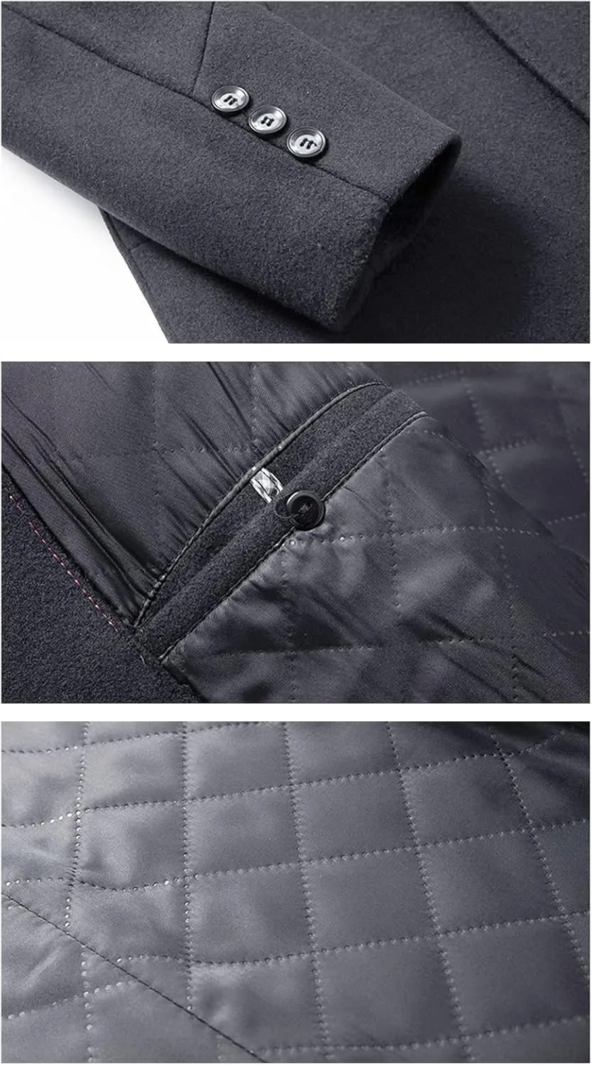 Maiyifu-GJ Men's Wool Blend Trench Coat Mid-Length Single Breasted Business Jacket Notched Lapel Soft Top Pea Coats Overcoat
