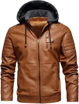Maiyifu-GJ Motorcycle Jacket for Men Faux Leather Windproof Moto Windbreaker Vintage Bomber Hoodie with Removable Hood
