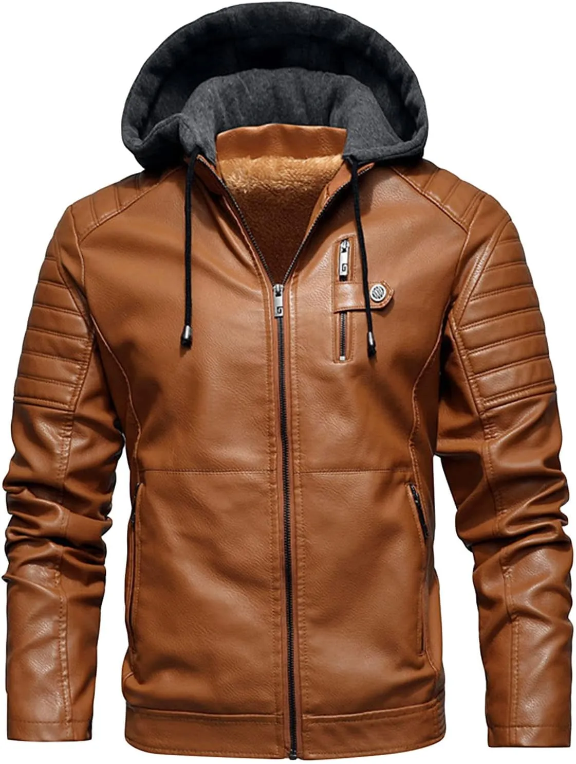 Maiyifu-GJ Motorcycle Jacket for Men Faux Leather Windproof Moto Windbreaker Vintage Bomber Hoodie with Removable Hood