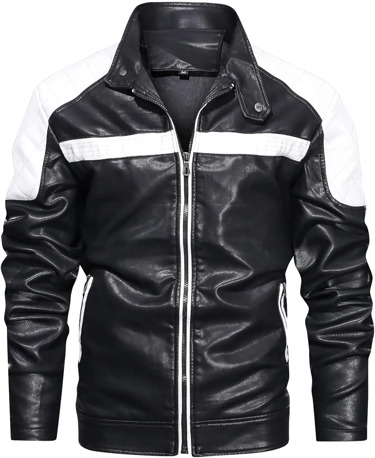 Maiyifu-GJ Motorcycle Jacket for Men Faux Leather Zip Up Windproof Moto Coat Stand Collar Vintage Bomber Windbreaker