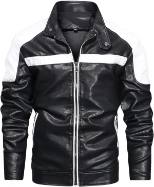 Maiyifu-GJ Motorcycle Jacket for Men Faux Leather Zip Up Windproof Moto Coat Stand Collar Vintage Bomber Windbreaker