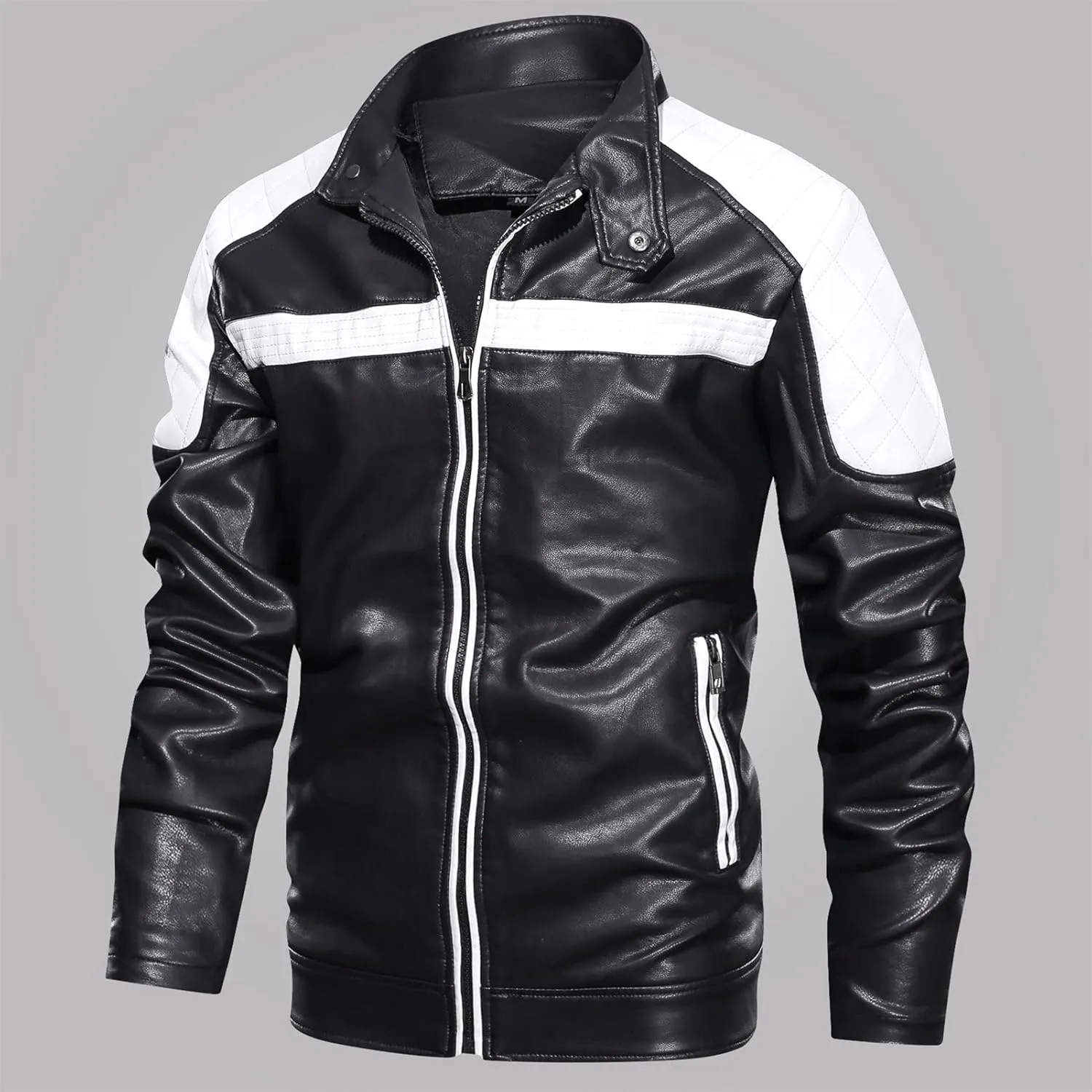 Maiyifu-GJ Motorcycle Jacket for Men Faux Leather Zip Up Windproof Moto Coat Stand Collar Vintage Bomber Windbreaker