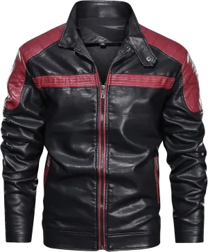 Maiyifu-GJ Motorcycle Jacket for Men Faux Leather Zip Up Windproof Moto Coat Stand Collar Vintage Bomber Windbreaker