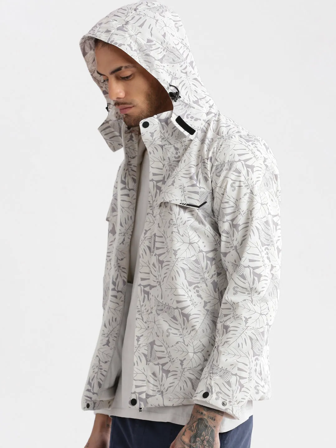 Men Hooded White Abstract Tailored Oversized Jacket comes with Detachable Hoodie and Inner fleece Jacket