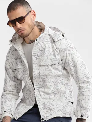 Men Hooded White Abstract Tailored Oversized Jacket comes with Detachable Hoodie and Inner fleece Jacket