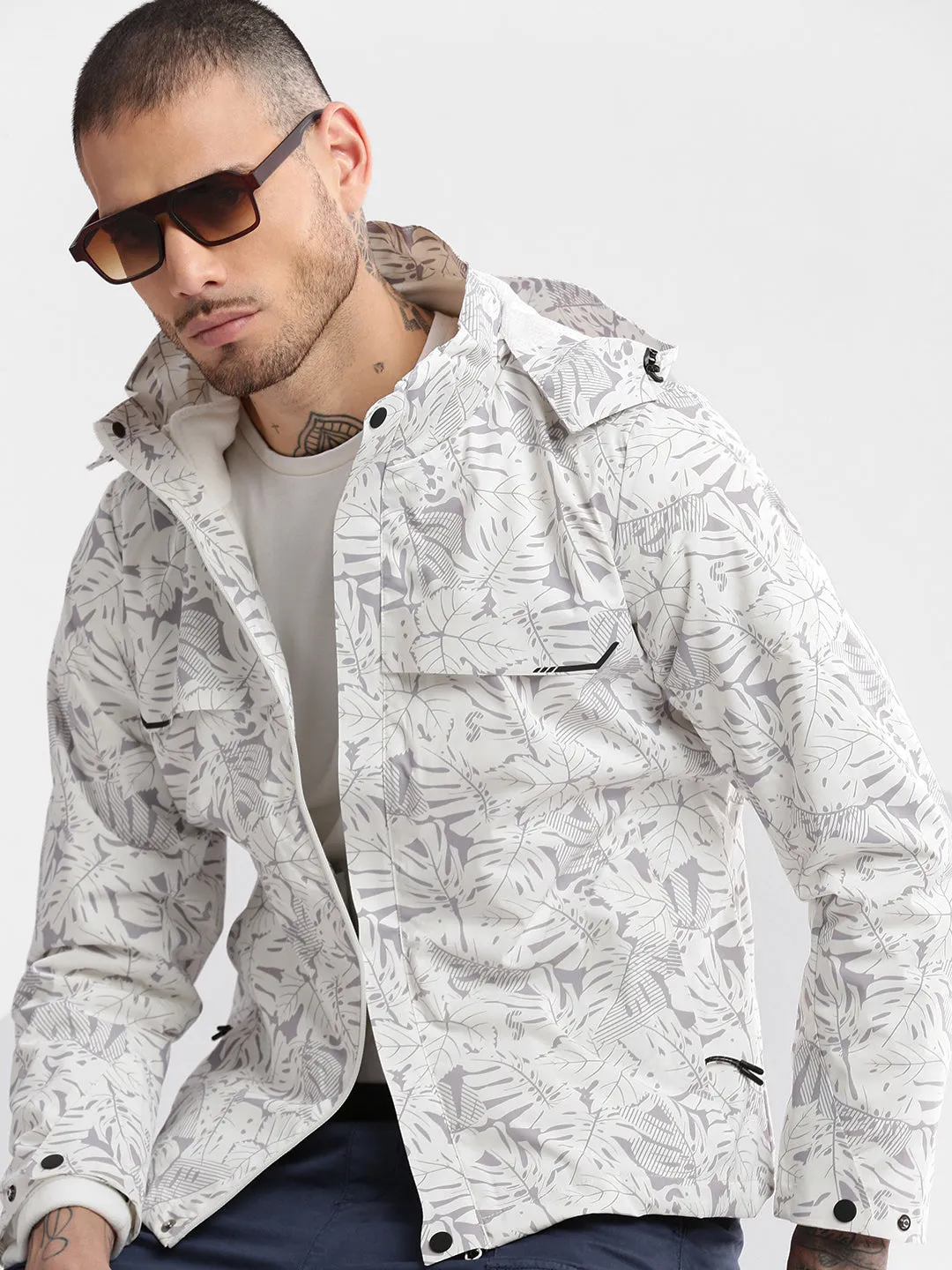 Men Hooded White Abstract Tailored Oversized Jacket comes with Detachable Hoodie and Inner fleece Jacket