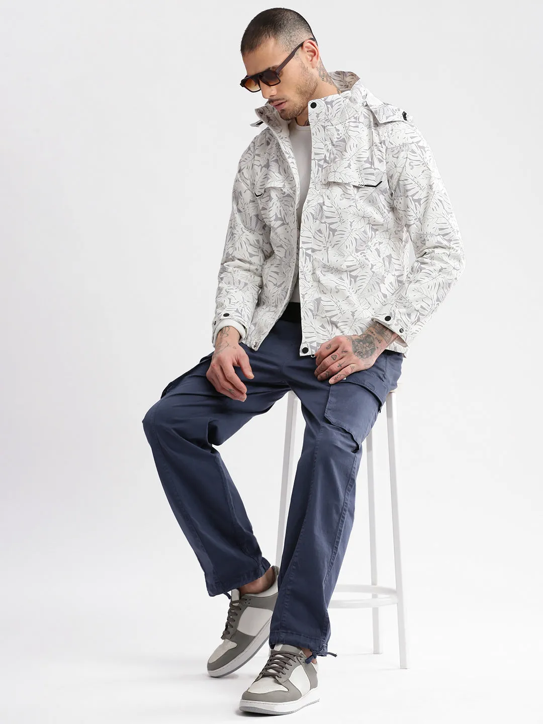 Men Hooded White Abstract Tailored Oversized Jacket comes with Detachable Hoodie and Inner fleece Jacket