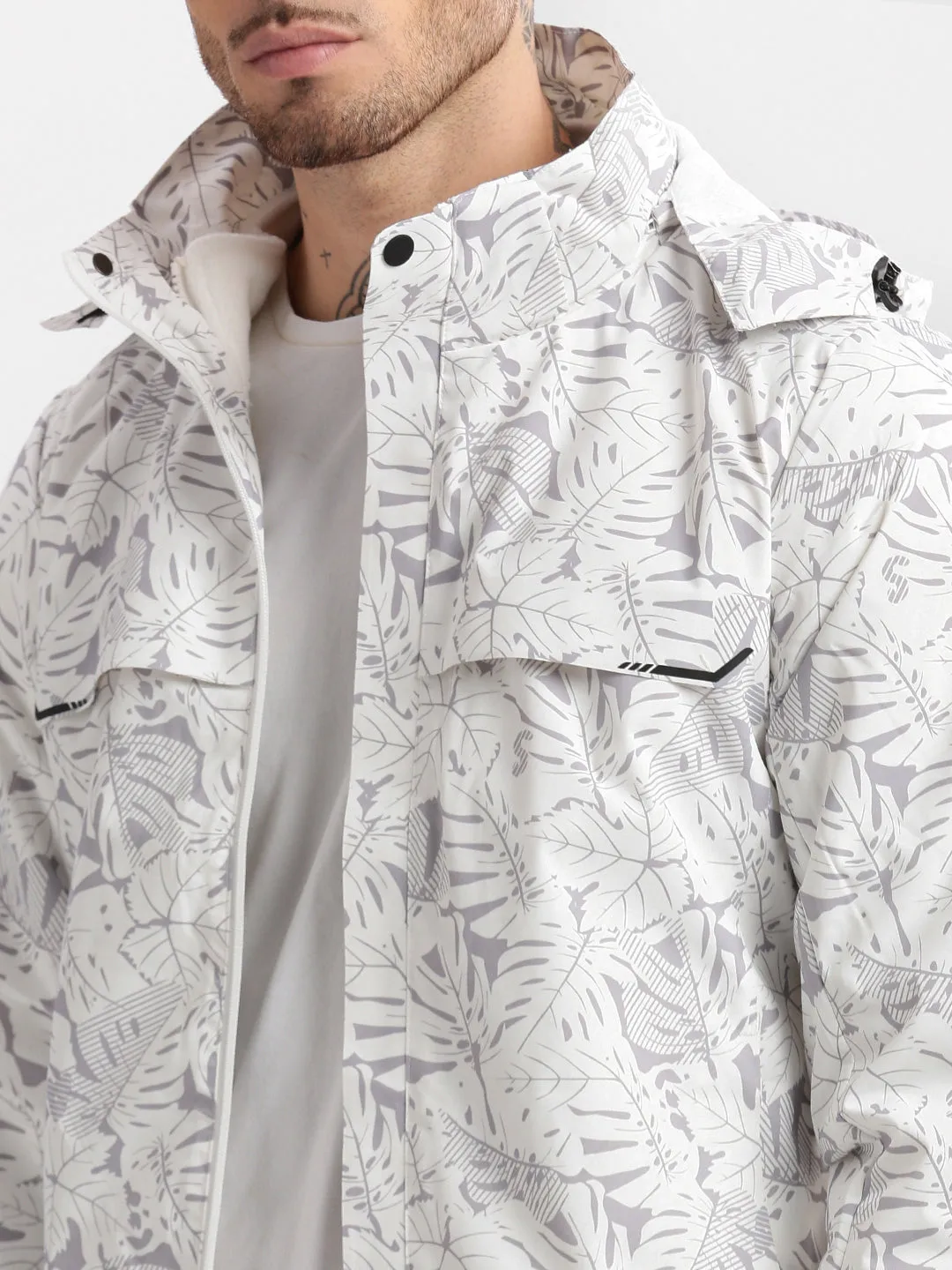 Men Hooded White Abstract Tailored Oversized Jacket comes with Detachable Hoodie and Inner fleece Jacket