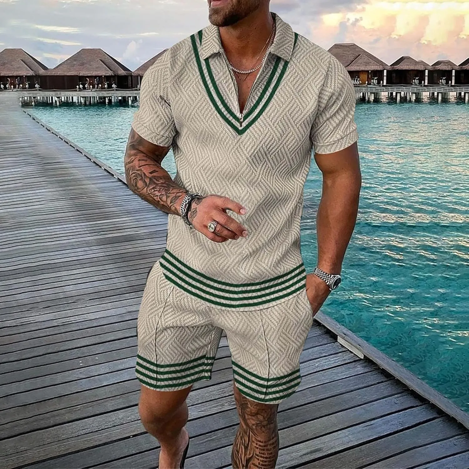 Mens 2-Piece Casual Summer Outfit Polo Shirt and Shorts Set for Beach Sport Set for Men