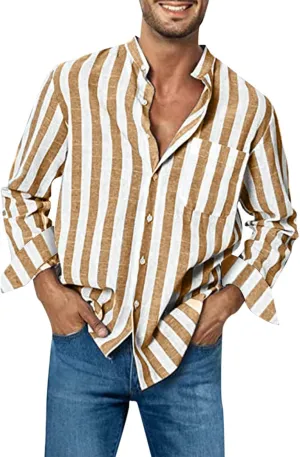 Mens Band Collar Button Down Shirts Casual Summer Lightweight Comfy Cotton Linen Stripe Beach Shirts with Pockets