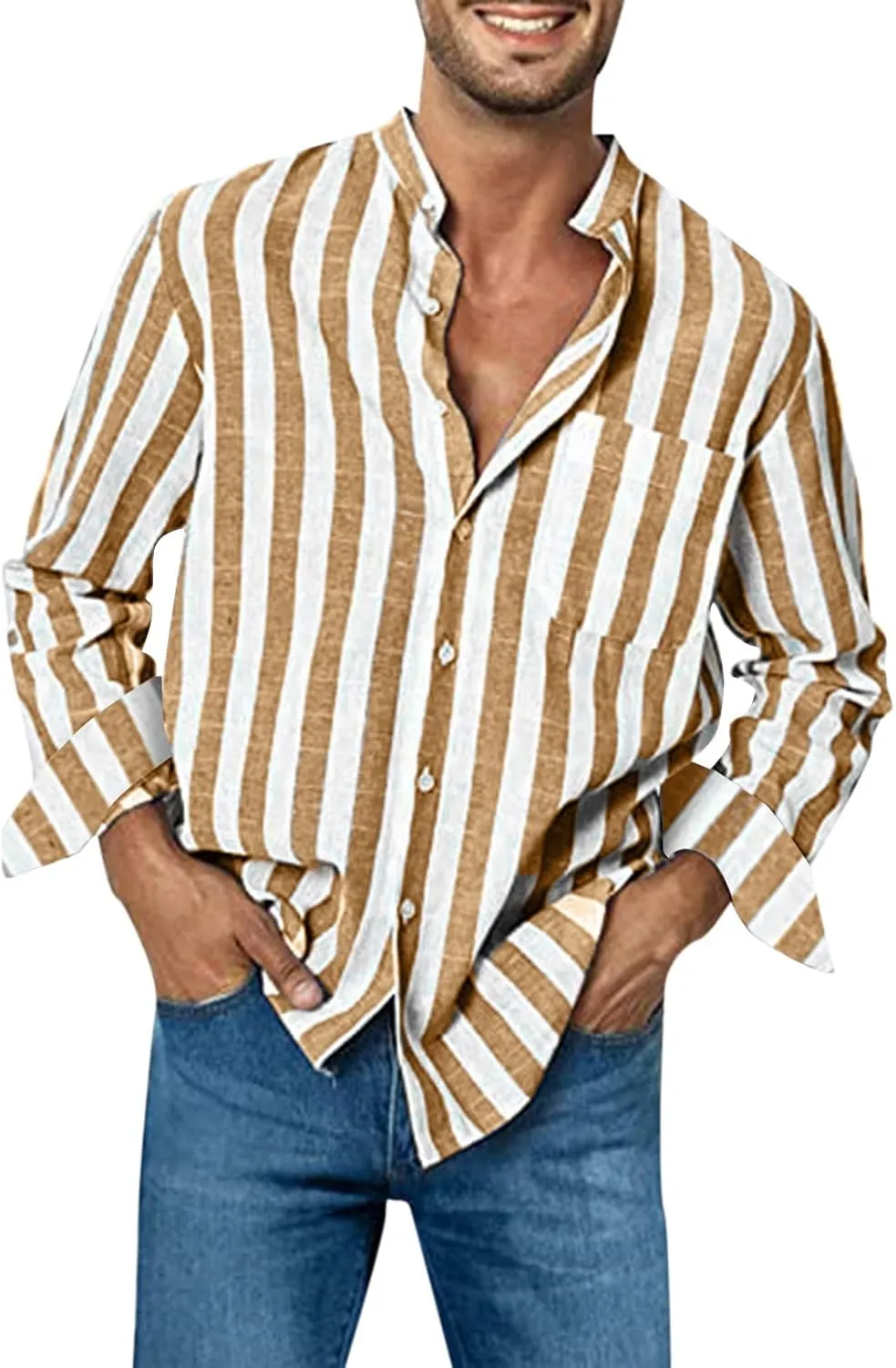 Mens Band Collar Button Down Shirts Casual Summer Lightweight Comfy Cotton Linen Stripe Beach Shirts with Pockets