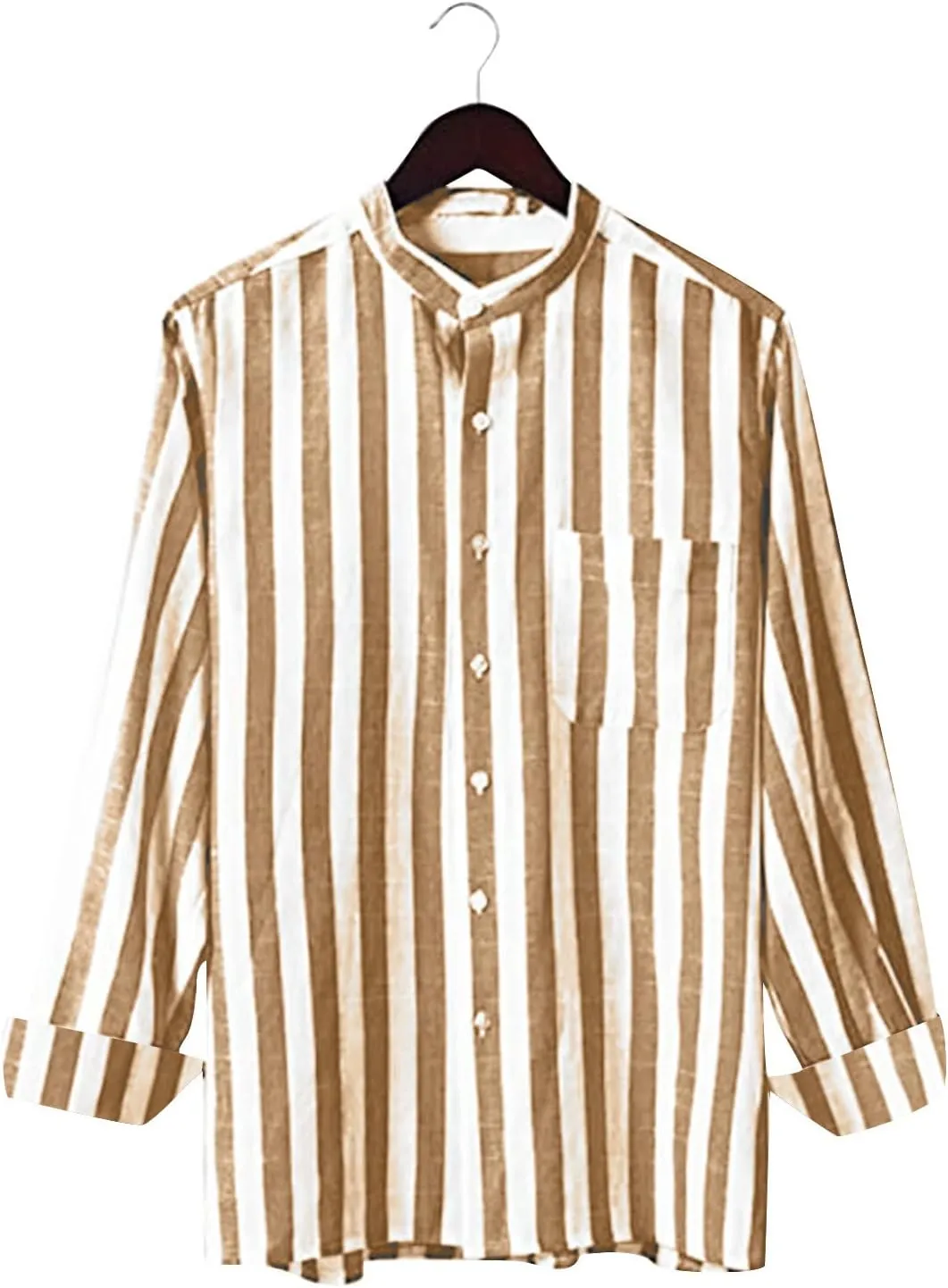 Mens Band Collar Button Down Shirts Casual Summer Lightweight Comfy Cotton Linen Stripe Beach Shirts with Pockets