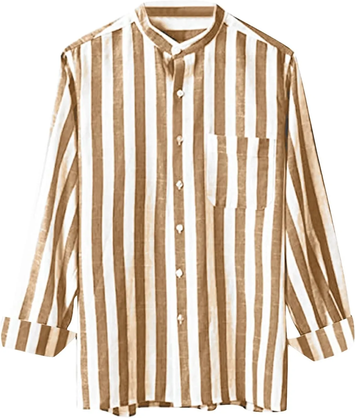 Mens Band Collar Button Down Shirts Casual Summer Lightweight Comfy Cotton Linen Stripe Beach Shirts with Pockets