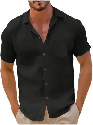 Mens Casual Cotton Linen Shirt Short Sleeve Button Down Blouse Summer Beach Top Solid Color Wedding Party Shirts