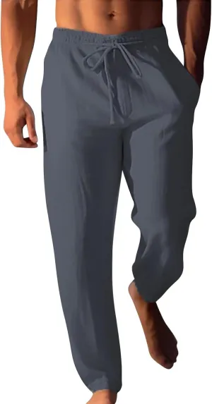 Mens Casual Linen Peasant Pants Loose Fit Straight Leg Harem Pants Elastic Waist Beach Boho Hawaiian Yoga Trousers