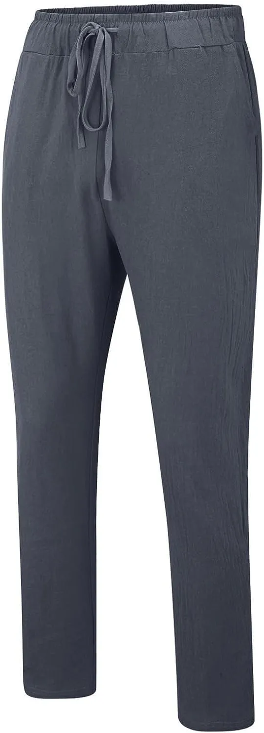 Mens Casual Linen Peasant Pants Loose Fit Straight Leg Harem Pants Elastic Waist Beach Boho Hawaiian Yoga Trousers