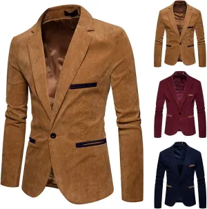 Mens Corduroy Blazer Slim Fit Suits One Button Casual Formal Jackets Lightweight Classic Lapel Business Travel Sport Coats