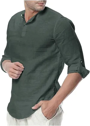 Men's Cotton Linen Henley Shirt Casual Long Sleeve Roll Up Hippie Shirts Summer Loose Fit Button Down Beach Yoga Tops Army Green